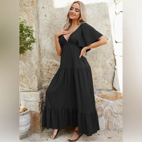SUNNOW Plus Size Summer Maxi Dress Flowy Loose Fit V-Neck Tiered Ruffle Sleeve - Picture 4 of 12